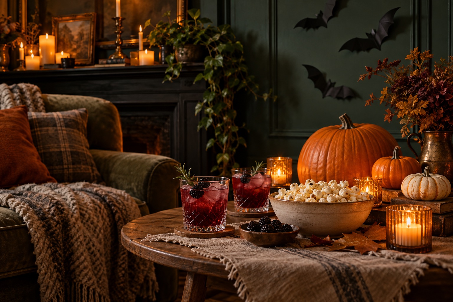 Illustrative Halloween table with pumpkins, paper bats, and warm lights
